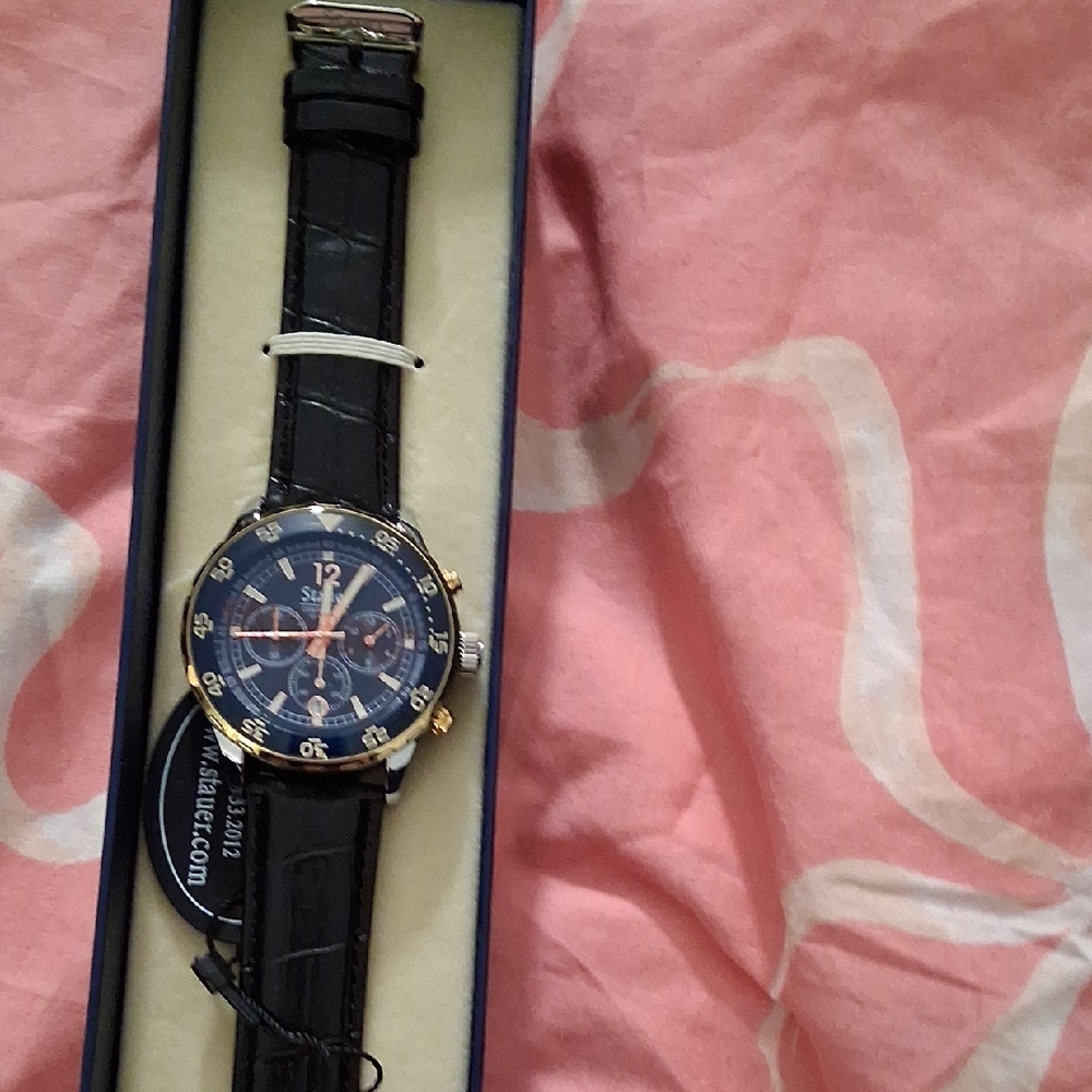 Midnight Blue and Gold Watch with Black Leather Strap